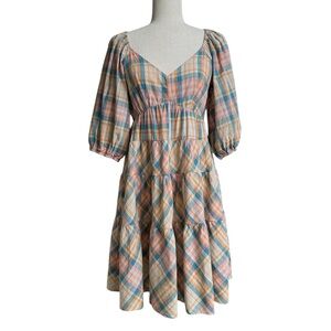 Drew Puff Sleeve Cottage Tiered Midi Dress Plaid Tan Pink Blue Multi Sz S